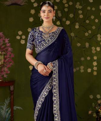Navy blue rangoli silk embroidered cutwork lace saree for women with designer blouse piece 3