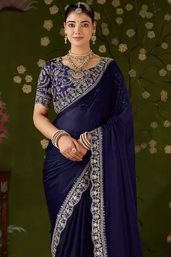 Navy blue rangoli silk embroidered cutwork lace saree for women with designer blouse piece