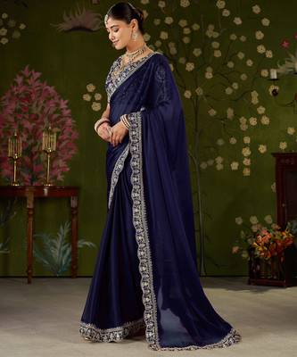 Navy blue rangoli silk embroidered cutwork lace saree for women with designer blouse piece 4