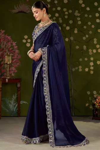 Navy blue rangoli silk embroidered cutwork lace saree for women with designer blouse piece