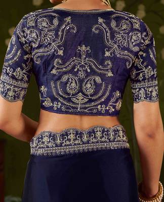 Navy blue rangoli silk embroidered cutwork lace saree for women with designer blouse piece 5