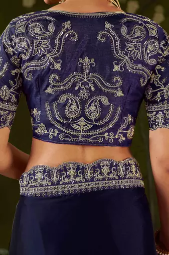 Navy blue rangoli silk embroidered cutwork lace saree for women with designer blouse piece