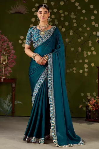 Rama green rangoli silk embroidered cutwork lace saree for women with designer blouse piece