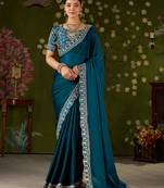 Rama green rangoli silk embroidered cutwork lace saree for women with designer blouse piece