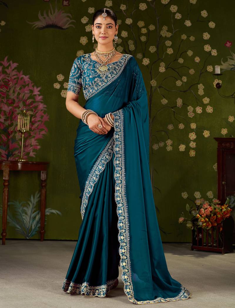 Rama green rangoli silk embroidered cutwork lace saree for women with designer blouse piece