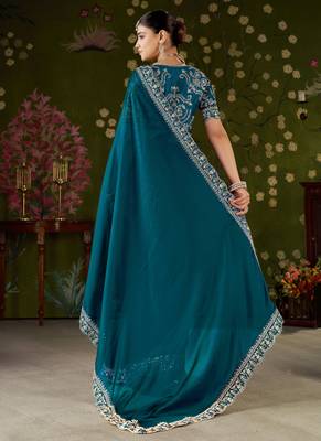 Rama green rangoli silk embroidered cutwork lace saree for women with designer blouse piece 2