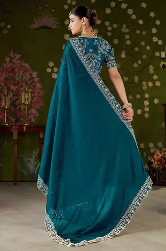 Rama green rangoli silk embroidered cutwork lace saree for women with designer blouse piece