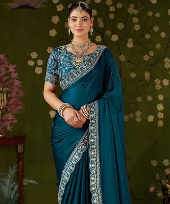 Rama green rangoli silk embroidered cutwork lace saree for women with designer blouse piece 3