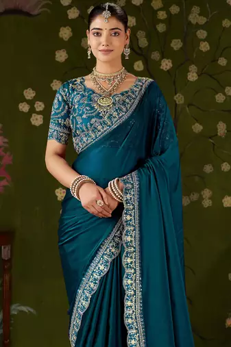 Rama green rangoli silk embroidered cutwork lace saree for women with designer blouse piece