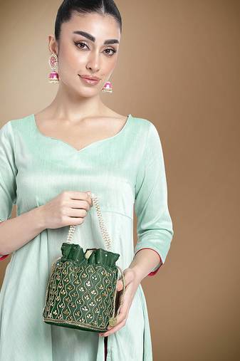 Green potli purses handmade evening bag stylish bridal fashion wristlet bag gift for women
