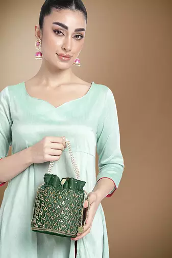 Green potli purses handmade evening bag stylish bridal fashion wristlet bag gift for women