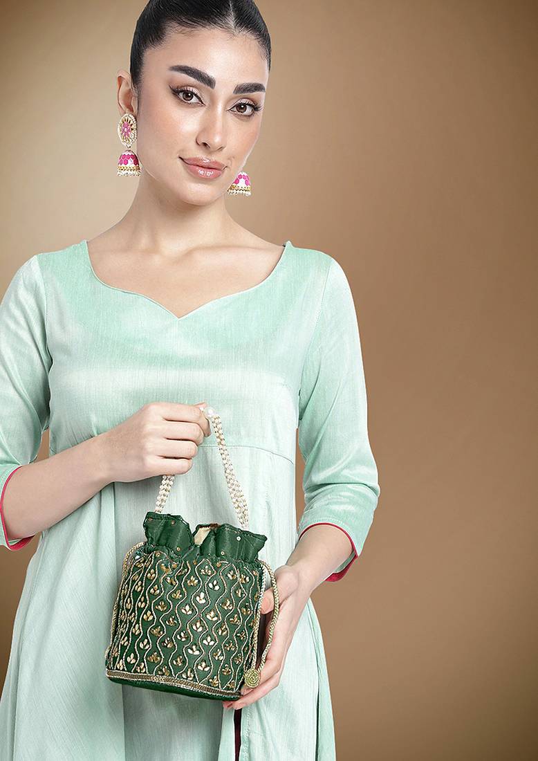 Green potli purses handmade evening bag stylish bridal fashion wristlet bag gift for women