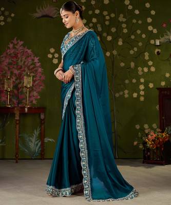 Rama green rangoli silk embroidered cutwork lace saree for women with designer blouse piece 4