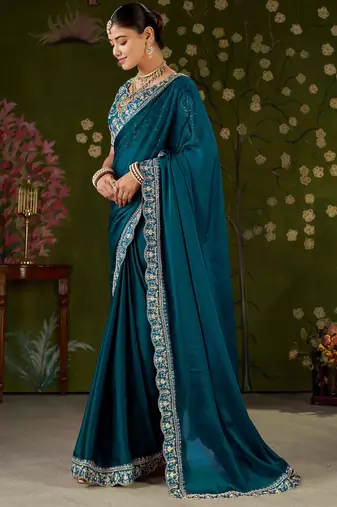 Rama green rangoli silk embroidered cutwork lace saree for women with designer blouse piece