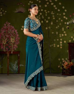 Rama green rangoli silk embroidered cutwork lace saree for women with designer blouse piece 5