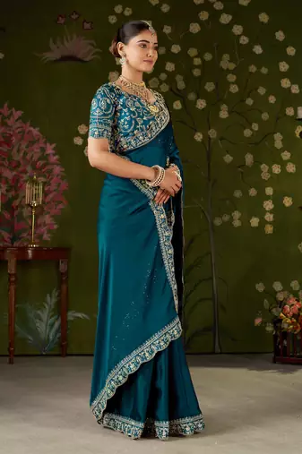 Rama green rangoli silk embroidered cutwork lace saree for women with designer blouse piece