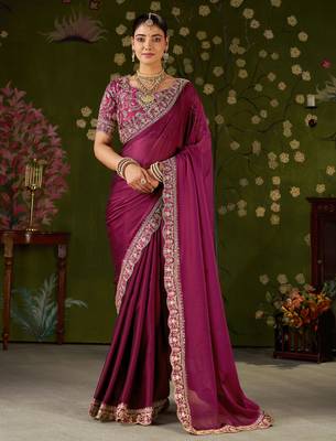Rani pink rangoli silk embroidered cutwork lace saree for women with designer blouse piece 1