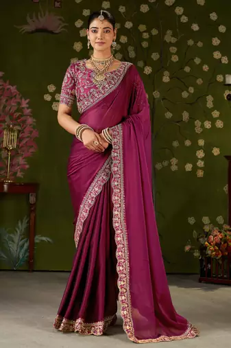 Rani pink rangoli silk embroidered cutwork lace saree for women with designer blouse piece