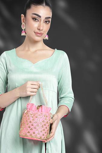 Pink potli bag handmade evening bag stylish wristlet bridal purse fashion bag for women