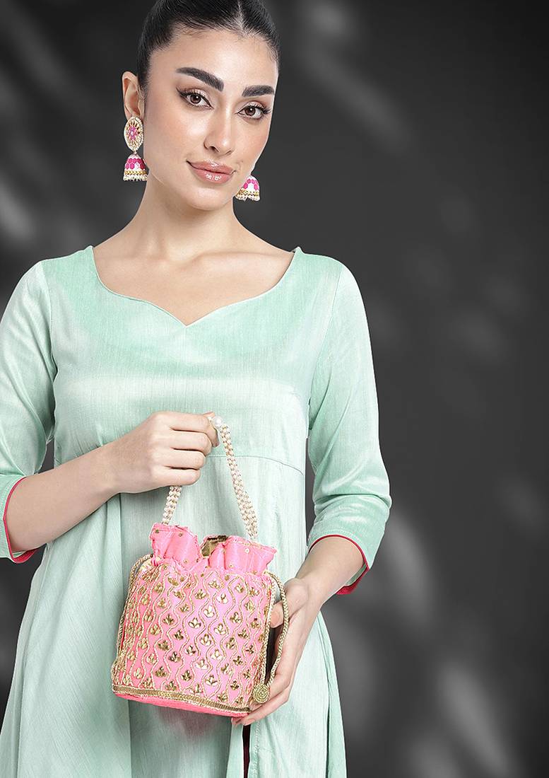 Pink potli bag handmade evening bag stylish wristlet bridal purse fashion bag for women