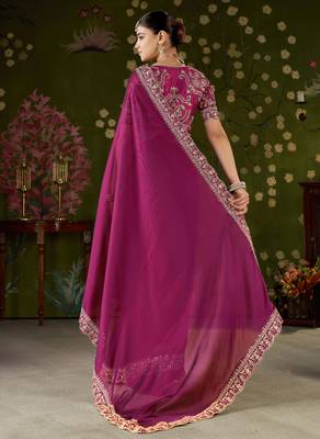 Rani pink rangoli silk embroidered cutwork lace saree for women with designer blouse piece 2