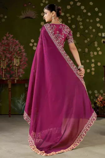 Rani pink rangoli silk embroidered cutwork lace saree for women with designer blouse piece