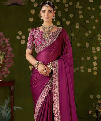 Rani pink rangoli silk embroidered cutwork lace saree for women with designer blouse piece 3