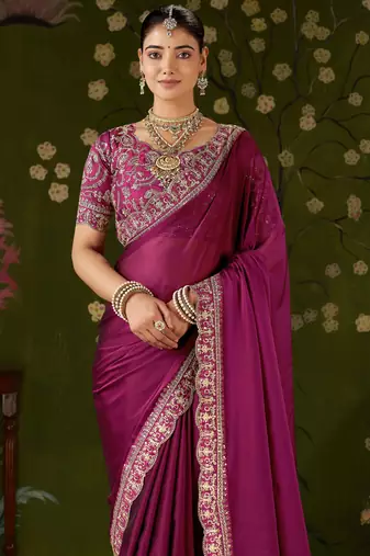 Rani pink rangoli silk embroidered cutwork lace saree for women with designer blouse piece