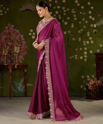 Rani pink rangoli silk embroidered cutwork lace saree for women with designer blouse piece 4