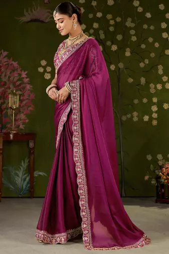 Rani pink rangoli silk embroidered cutwork lace saree for women with designer blouse piece