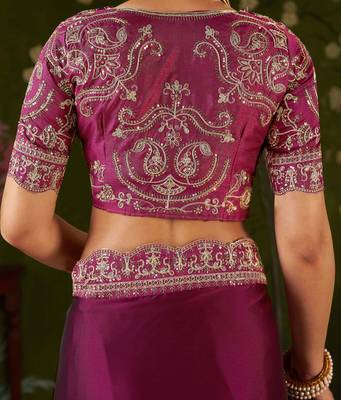 Rani pink rangoli silk embroidered cutwork lace saree for women with designer blouse piece 5