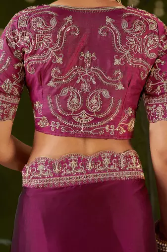 Rani pink rangoli silk embroidered cutwork lace saree for women with designer blouse piece