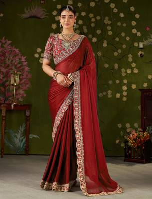 Red rangoli silk embroidered cutwork lace saree for women with designer blouse piece 1