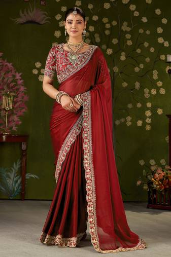 Red rangoli silk embroidered cutwork lace saree for women with designer blouse piece