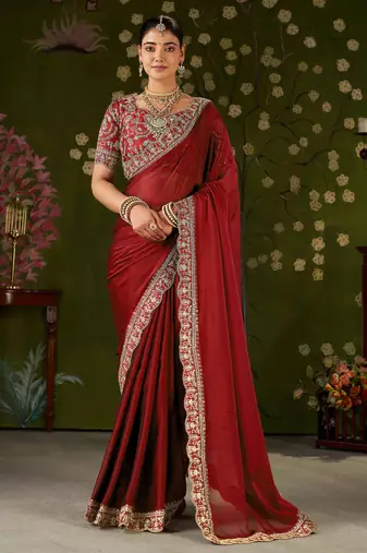 Red rangoli silk embroidered cutwork lace saree for women with designer blouse piece