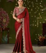 Red rangoli silk embroidered cutwork lace saree for women with designer blouse piece