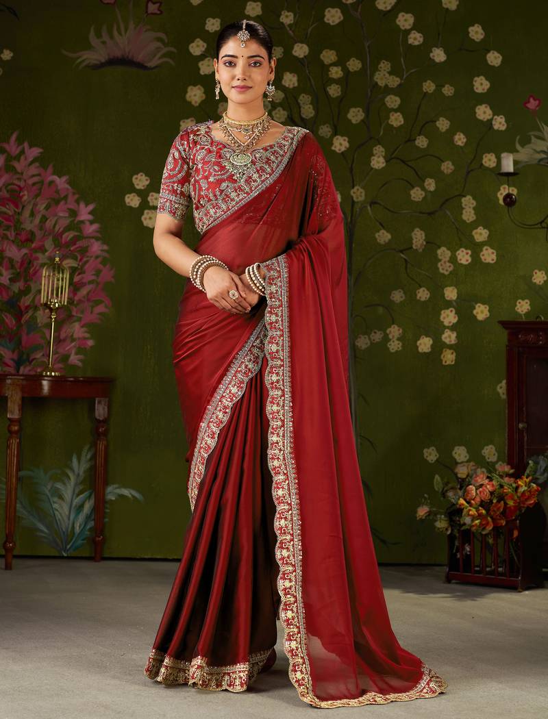 Red rangoli silk embroidered cutwork lace saree for women with designer blouse piece