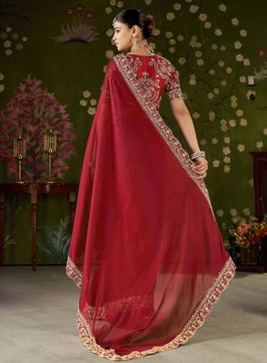 Red rangoli silk embroidered cutwork lace saree for women with designer blouse piece 2