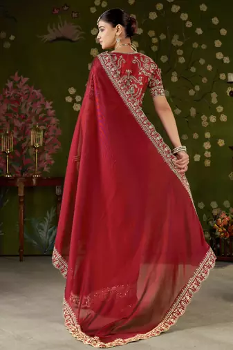 Red rangoli silk embroidered cutwork lace saree for women with designer blouse piece