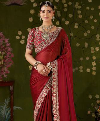 Red rangoli silk embroidered cutwork lace saree for women with designer blouse piece 3