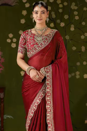 Red rangoli silk embroidered cutwork lace saree for women with designer blouse piece