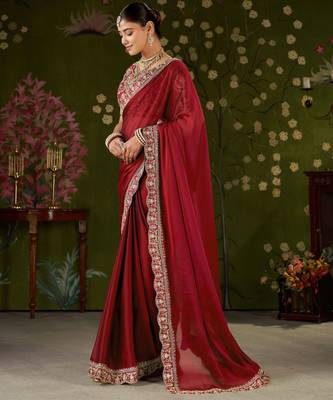 Red rangoli silk embroidered cutwork lace saree for women with designer blouse piece 4
