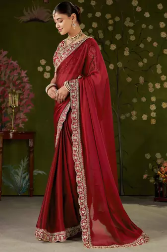 Red rangoli silk embroidered cutwork lace saree for women with designer blouse piece