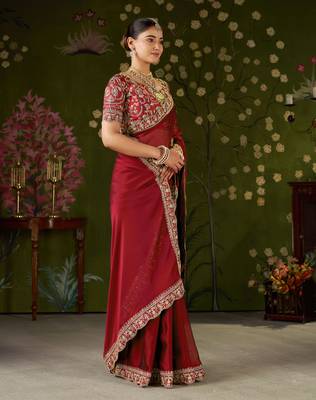 Red rangoli silk embroidered cutwork lace saree for women with designer blouse piece 5