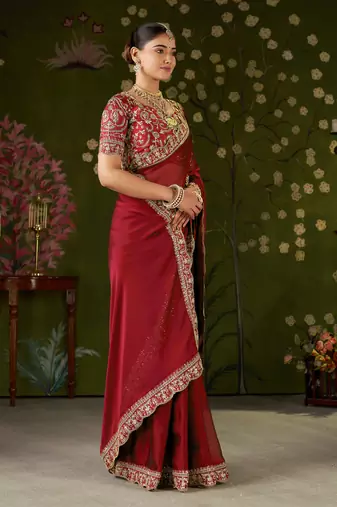Red rangoli silk embroidered cutwork lace saree for women with designer blouse piece