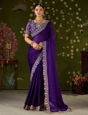 Violet rangoli silk embroidered cutwork lace saree for women with designer blouse piece 1