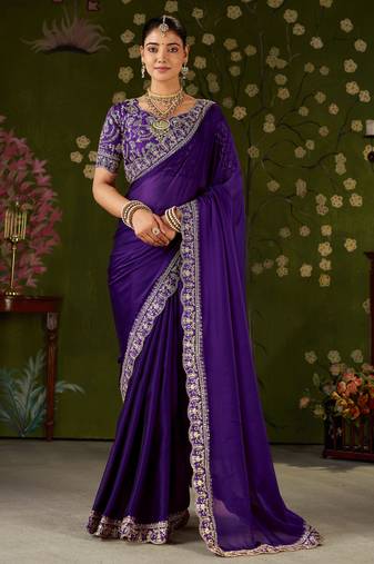 Violet rangoli silk embroidered cutwork lace saree for women with designer blouse piece