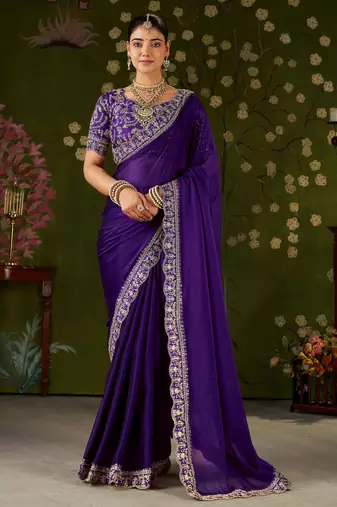 Violet rangoli silk embroidered cutwork lace saree for women with designer blouse piece