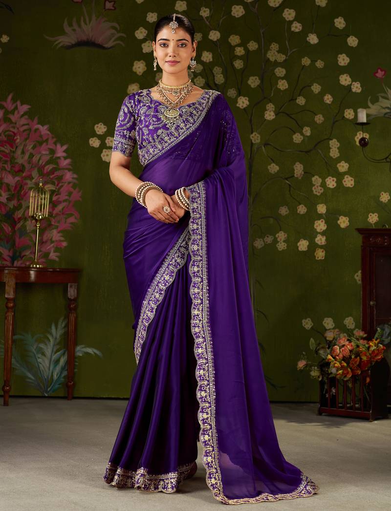 Violet rangoli silk embroidered cutwork lace saree for women with designer blouse piece
