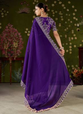 Violet rangoli silk embroidered cutwork lace saree for women with designer blouse piece 2